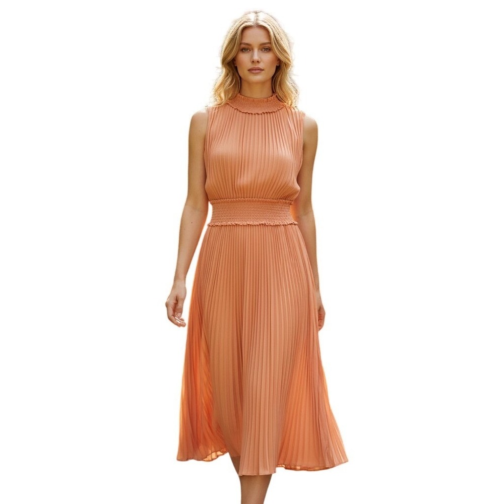 Nanette Lepore Pleated Midi Dress Womens 10 Orange New Smocked Waist Mock Neck